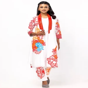 White Printed and Embroidered Viscose-Cotton Shalwar Kameez